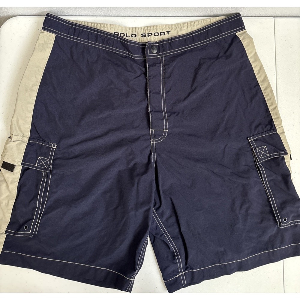 Polo Sport Men's 34 VTG Navy Tan Nylon Board Shorts Swimming Activewear‎ FLAW